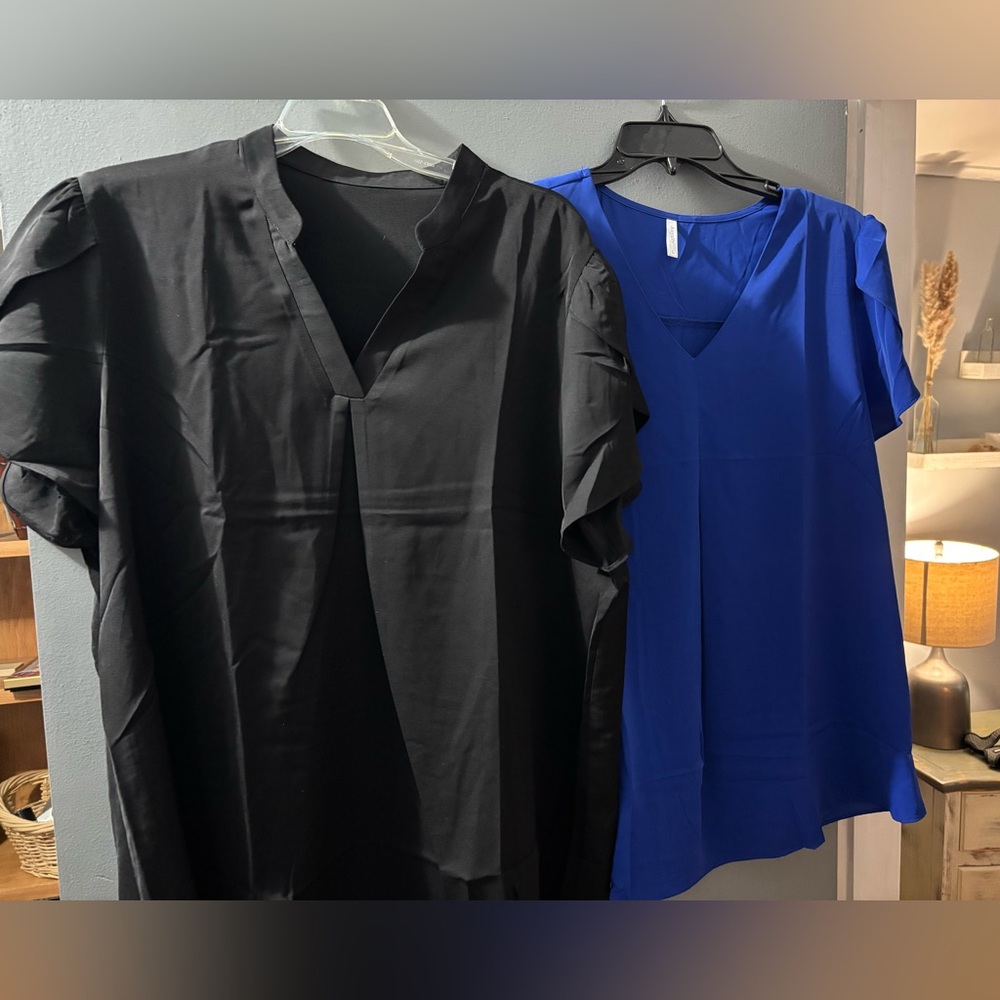Black and Blue V-Neck Blouses